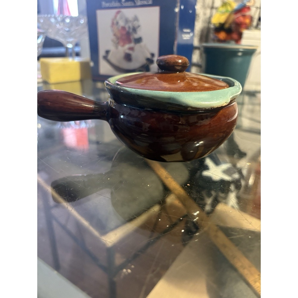 Vintage Unmarked Stoneware French Onion Soup Bowl with Lid Brown Teal Drip Glaze
